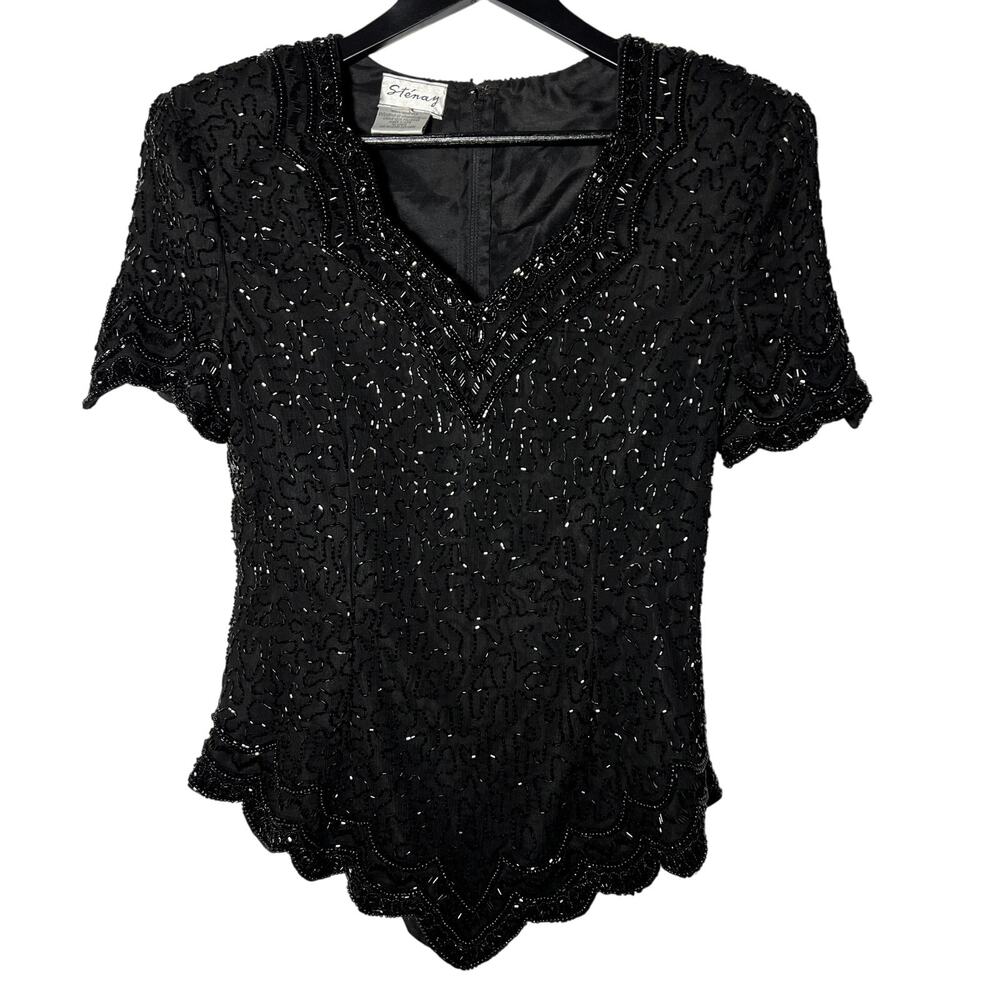 Vintage Stenay Top Black Beaded, Silk Large Sparkle 1980s Glamour - Picture 7 of 7
